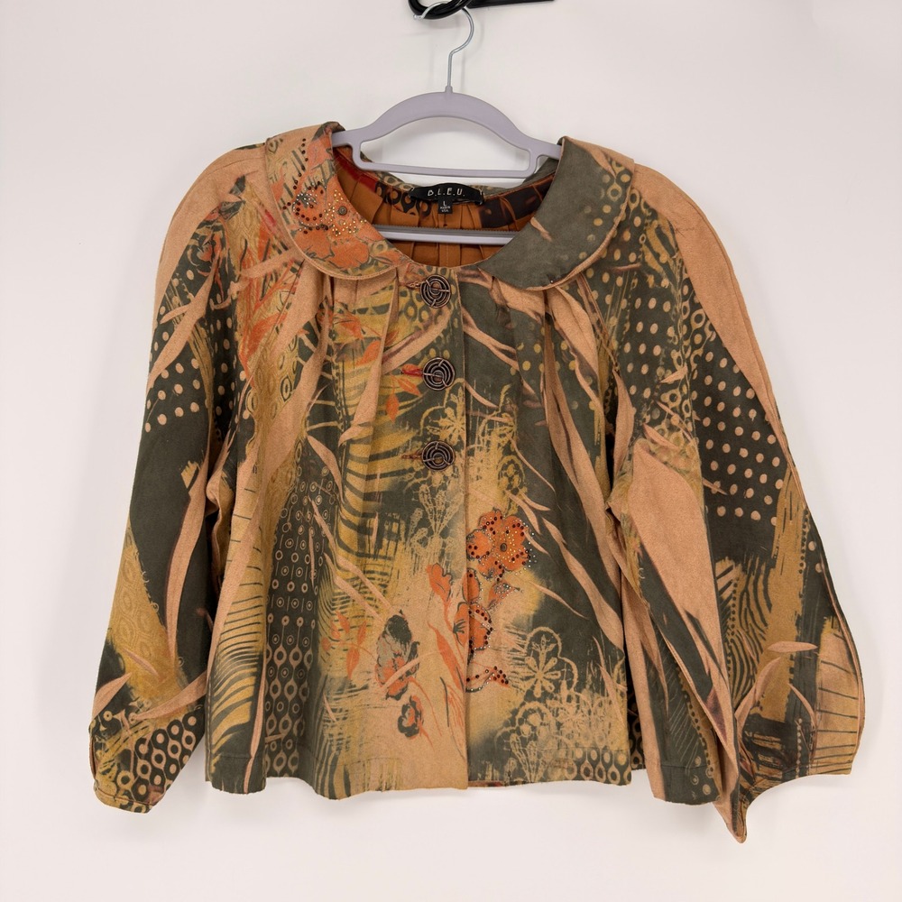 B.L.E.U. Button Up Jacket Women Large Multicolor Floral Art Boho Eclectic Earthy